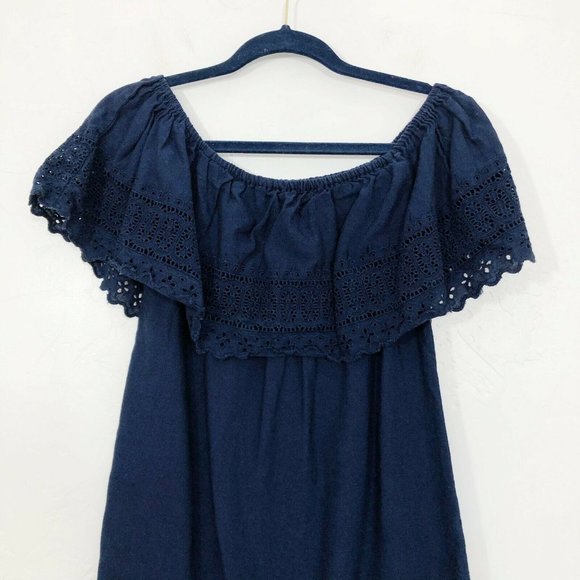 ASO Alexis Rose Schitts Creek -ASOS Navy Blue Off The Shoulder Eyelet Trim Dress - Picture 2 of 7